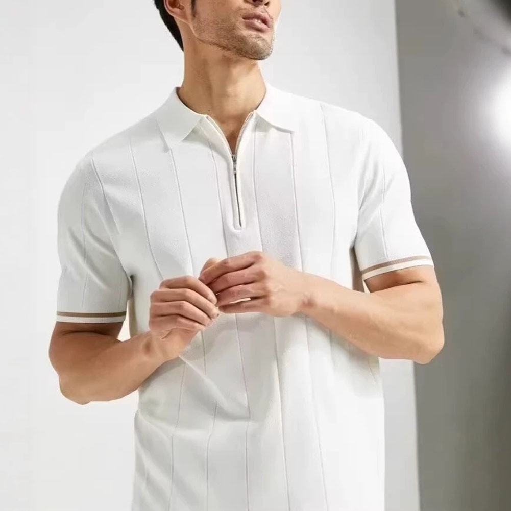Breathable Men's Pure Color Short Sleeve Collared T Shirt Polyester Knit gallery
