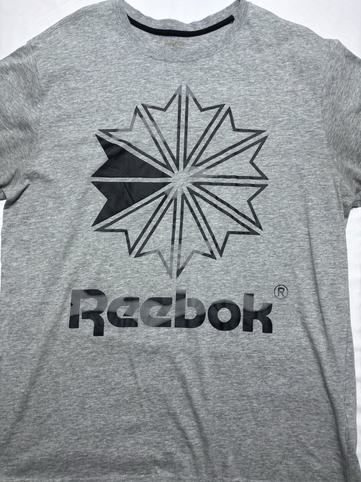 Reebok Spell Out Logo Sports Athletic Gray Short Sleeve Shirt Men’s Size Large gallery
