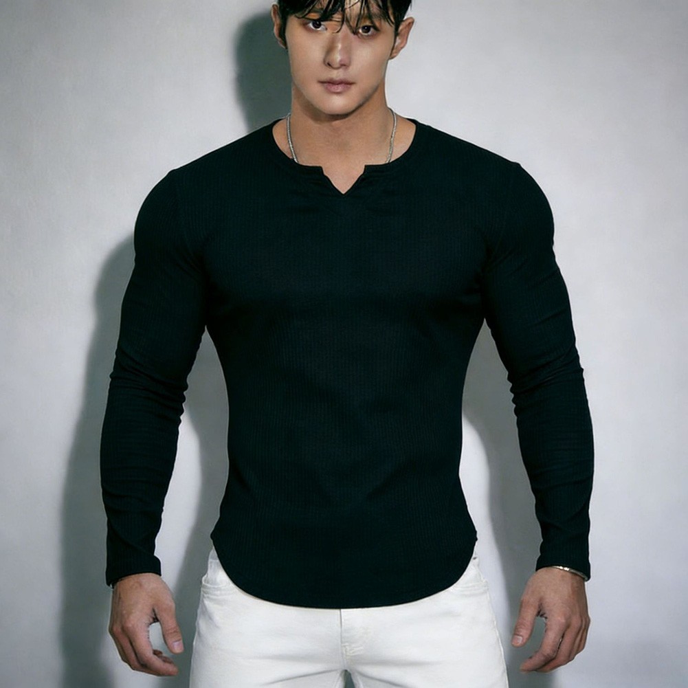 V Neck Long Sleeve Elastic Tee Top for Men Polyester Spandex Workout Streetwear gallery