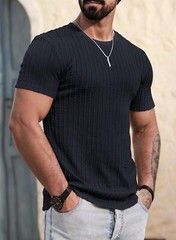 Men’s Slim Fit Textured Knit Short Sleeve Shirt Stretch Ribbed Crewneck Tee S-XX