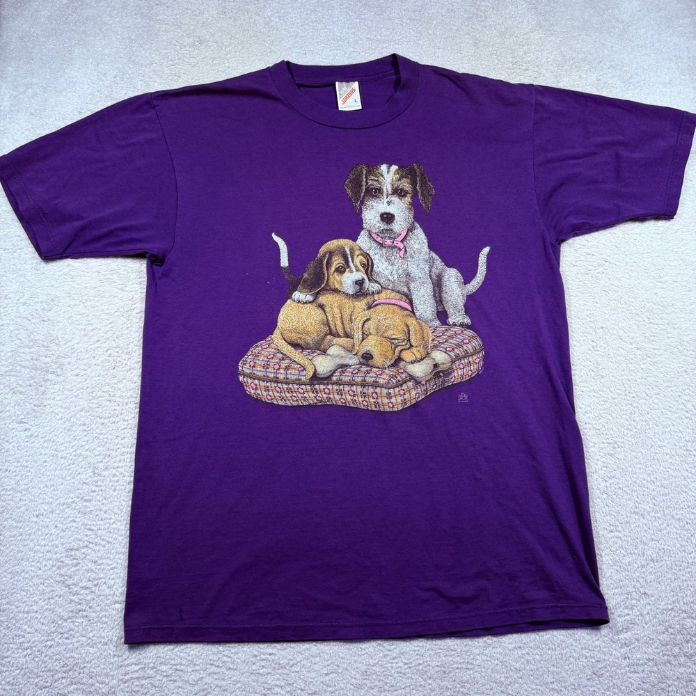 Vintage 90s Jerzees Purple Puppies Graphic T Shirt Large Cute Dogs Made in USA