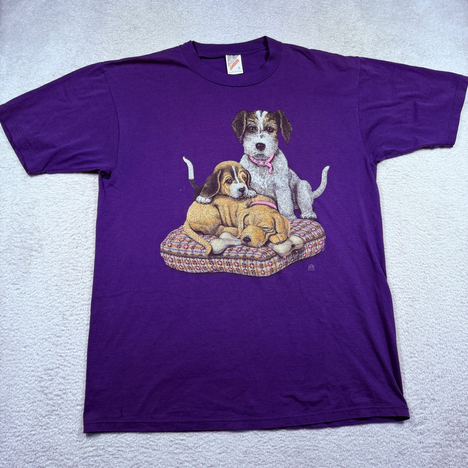 Vintage 90s Jerzees Purple Puppies Graphic T Shirt Large Cute Dogs Made in USA