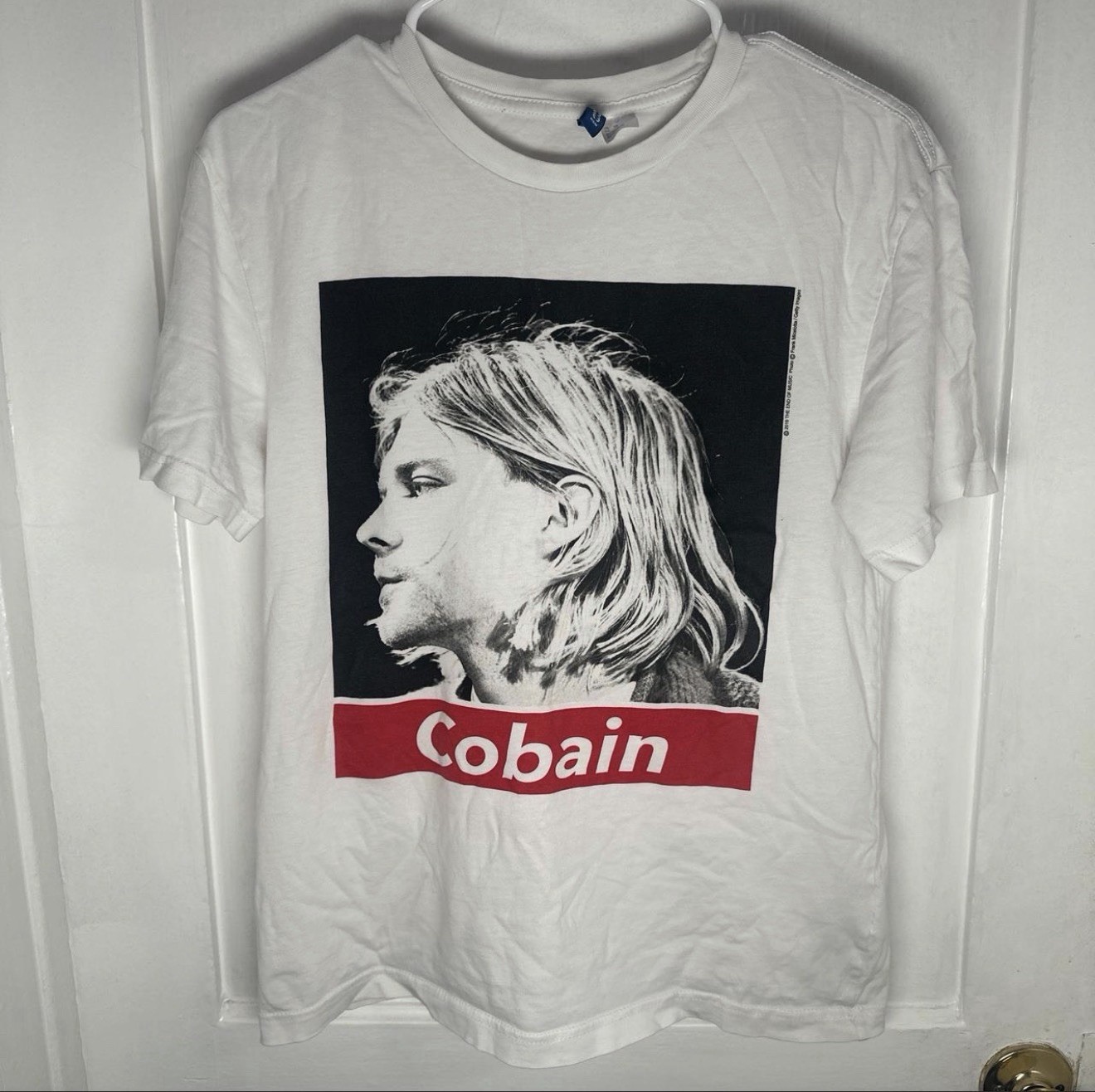 Men’s XS White Kurt Cobain Nirvana Graphic Print Crew Neck Cotton T-Shirt gallery