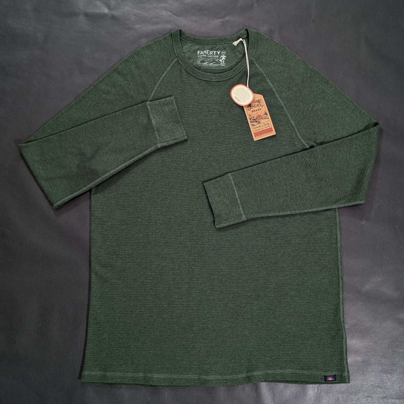 Faherty Men's Long Sleeve Cloud Waffle Crew Deep Fern Heather Size 2XL Top gallery