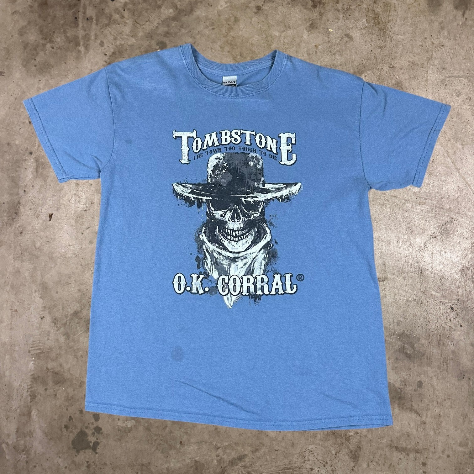 Gildan Tombstone OK Corral Skull Graphic T-Shirt Western Cowboy Tee Blue Mens M gallery