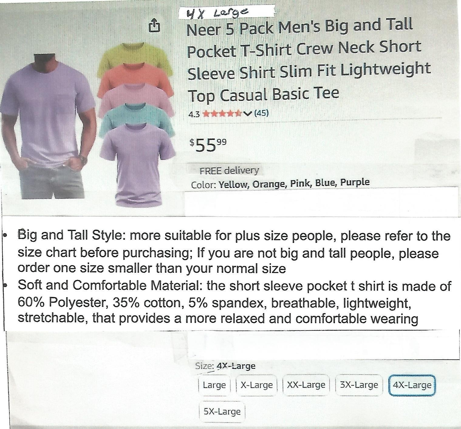 ( Lot Of 5 ) Neer Light Weight Pocket T Shirts Mens 4XL New without tags