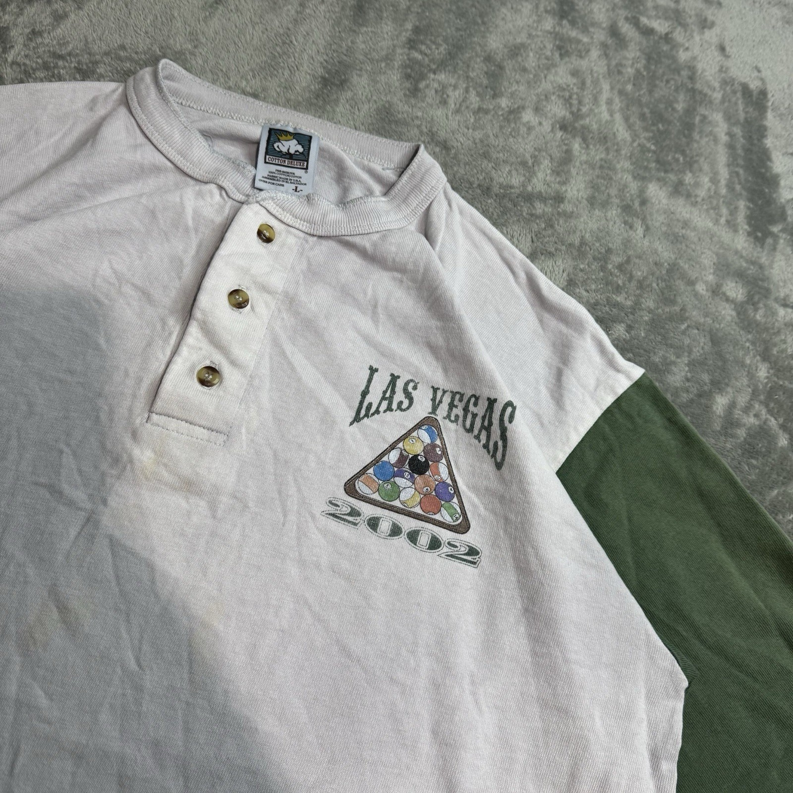 VTG 2002 Las Vegas Billiards Colorblock Henley Shirt Mens L Distressed Grunge gallery