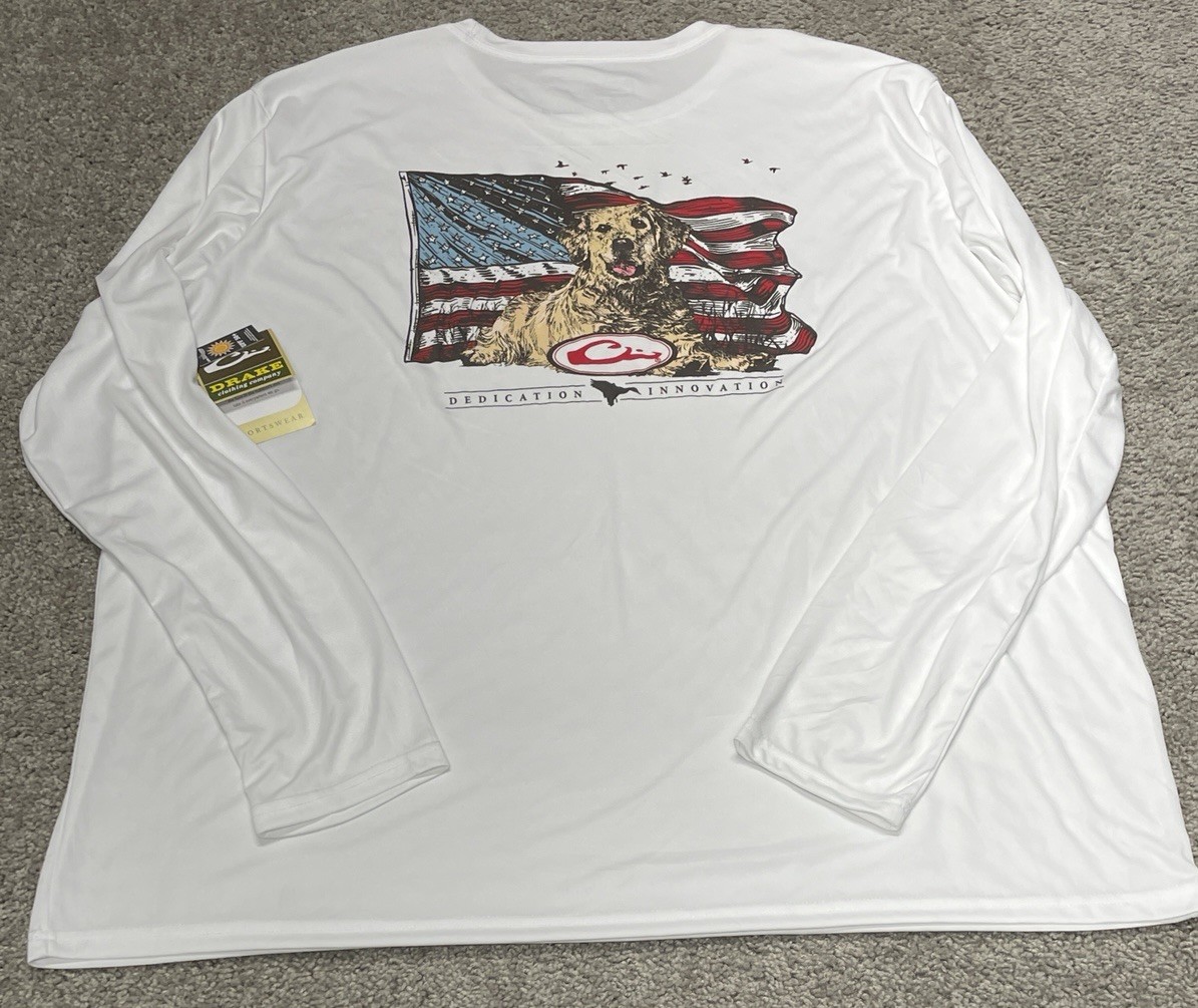 Drake Waterfowl Icon Americana Performance Crew Long Sleeve Shirt Size 2XL Dog