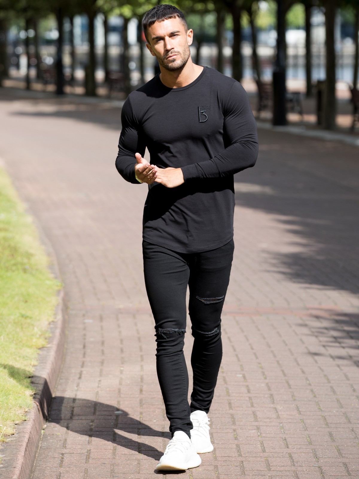 BBH Mens Gym T shirt Longline Slim Muscle Fit Long Sleeve Plain Curved Hem Tee gallery