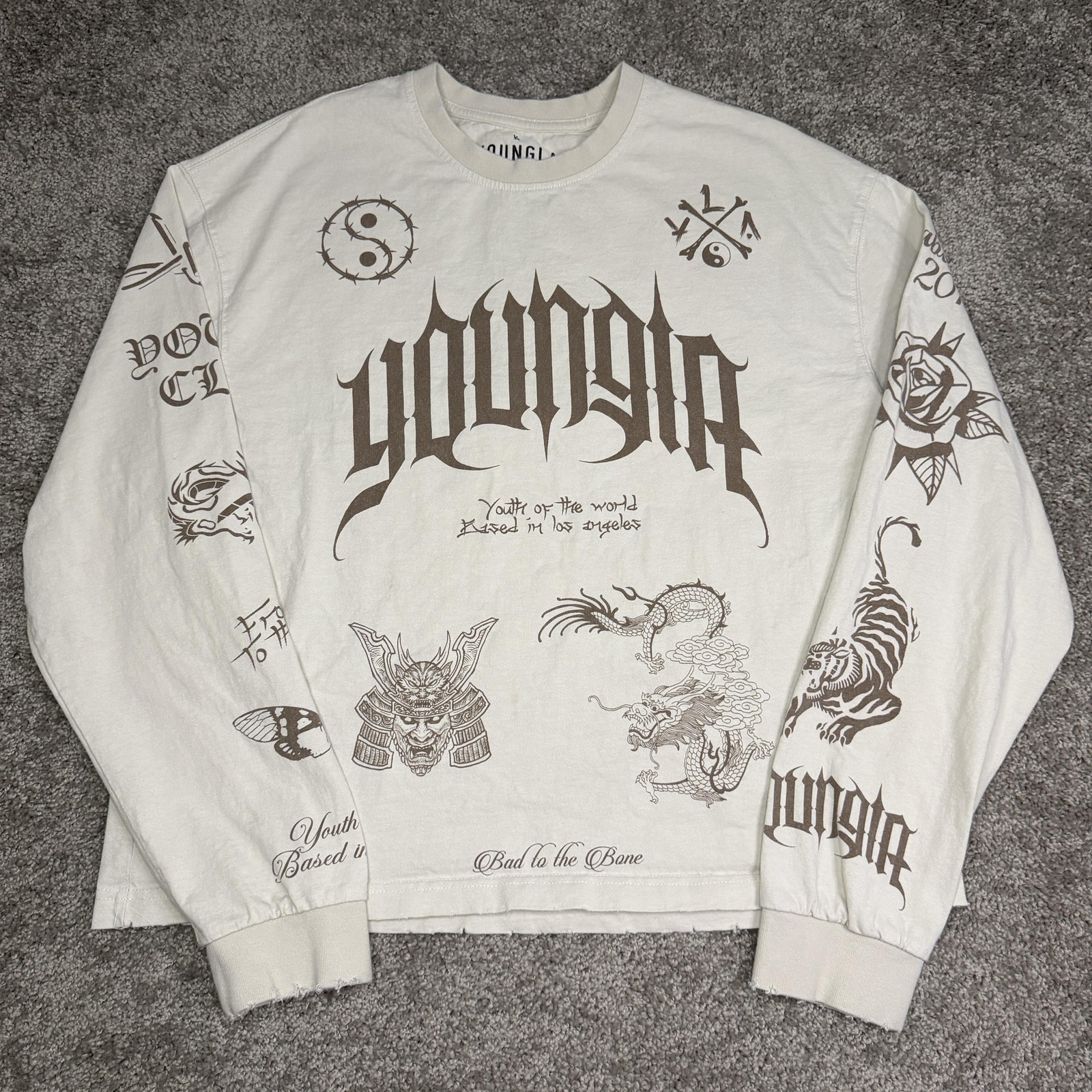 YoungLA Shirt Mens Medium Off White Long Sleeve Graphic Crewneck Tagless Cotton