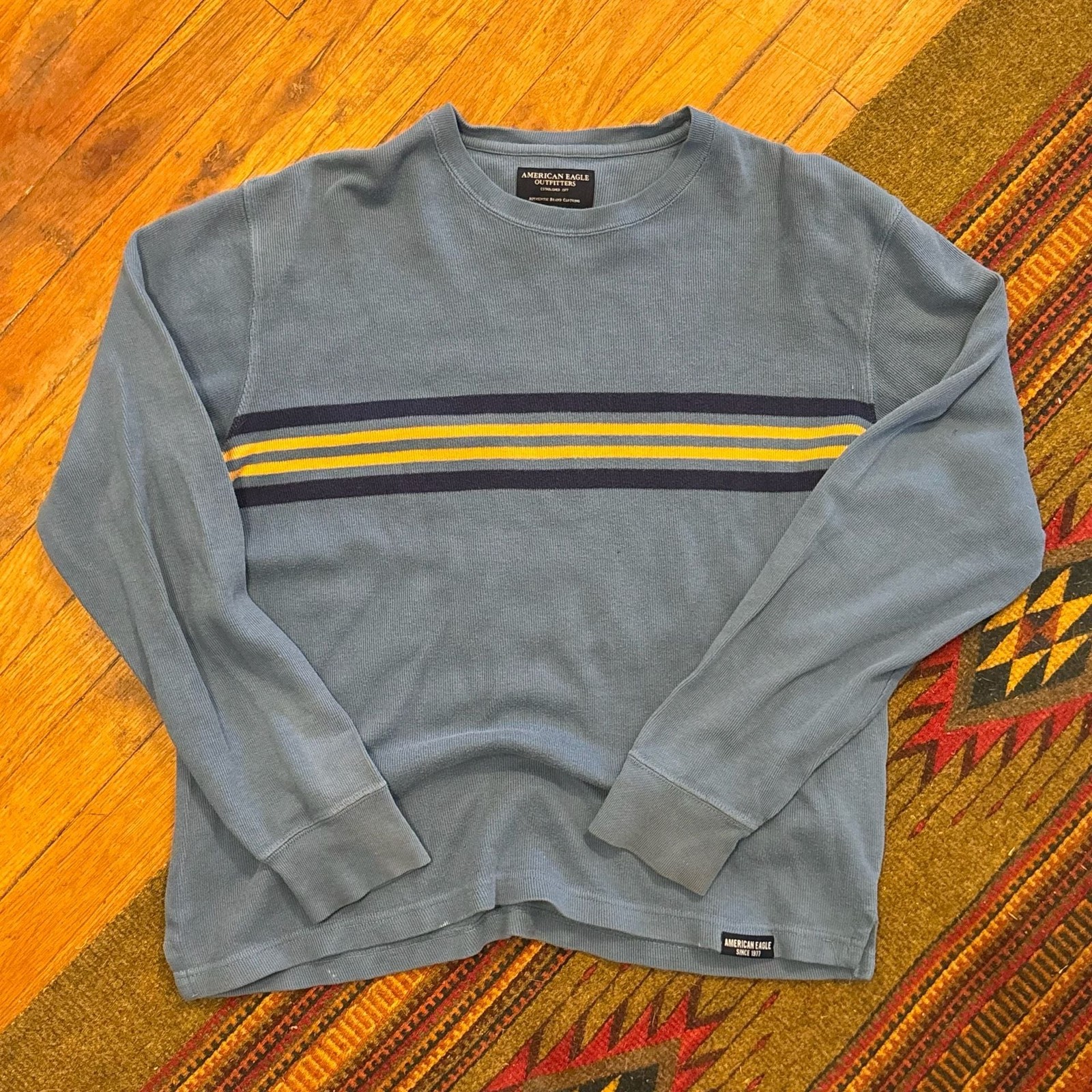 American Eagle Blue Stripe Ribbed Long Sleeve Thermal Shirt gallery