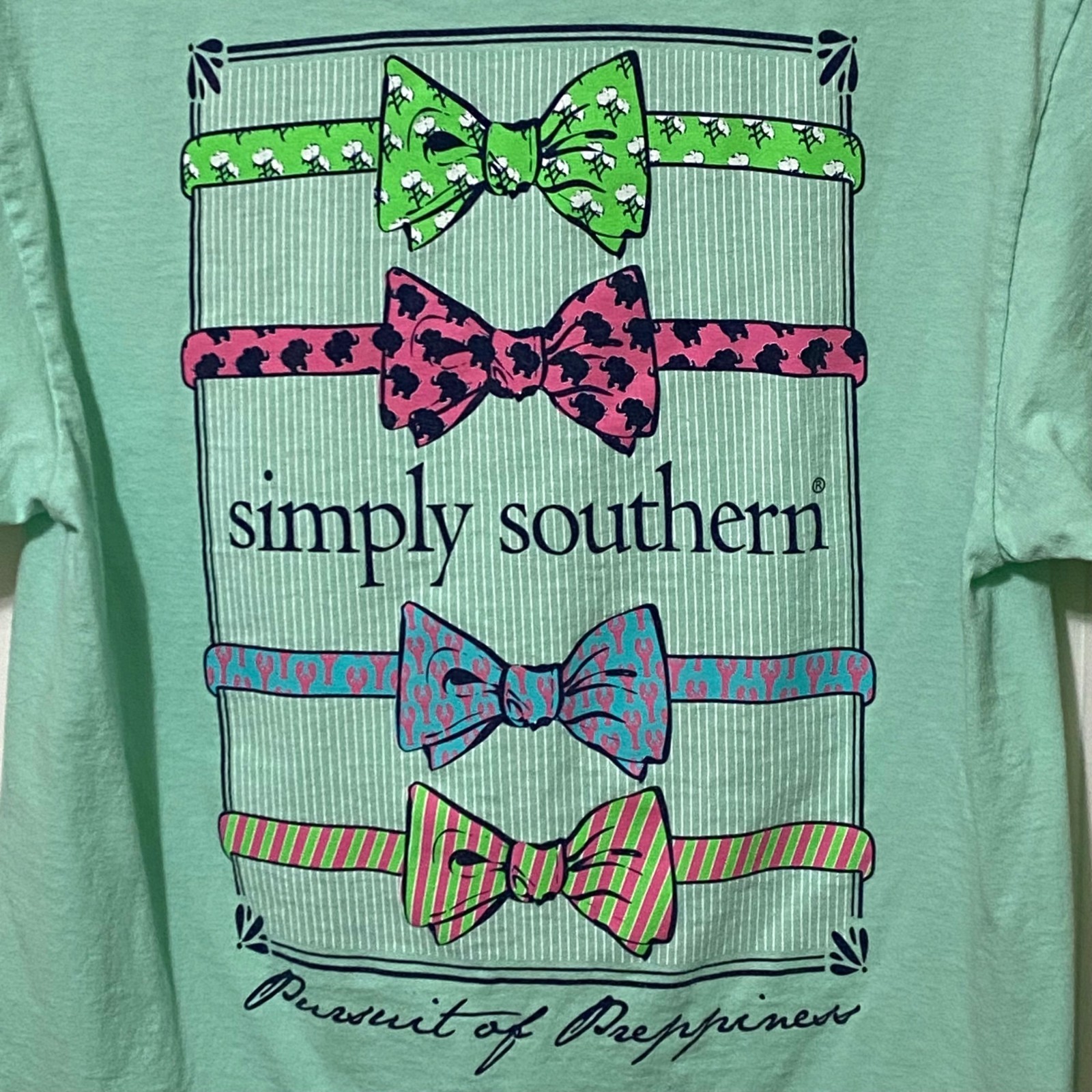 Simply Southern Mens Preppy T-Shirt M Minty Green Bow Ties Casual Coastal gallery