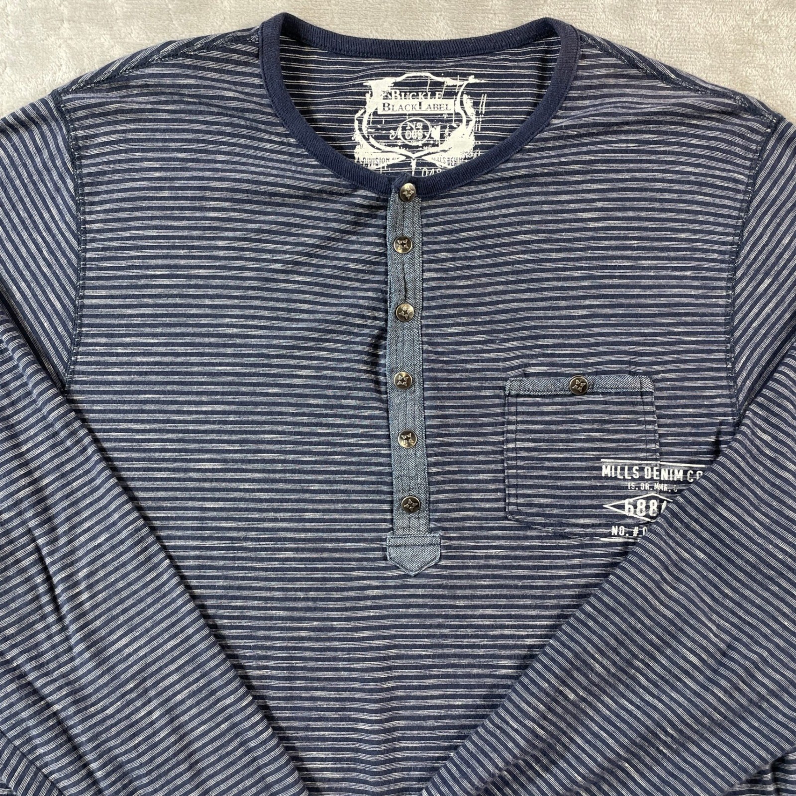 Buckle Black Henley Shirt 48 Mens Large Blue Striped Long Sleeve Casual Preppy gallery