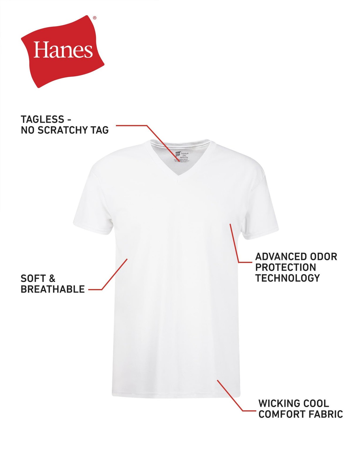 Hanes Mens Cotton, Moisture-wicking V-neck Tee Large, White - 6 Pack gallery