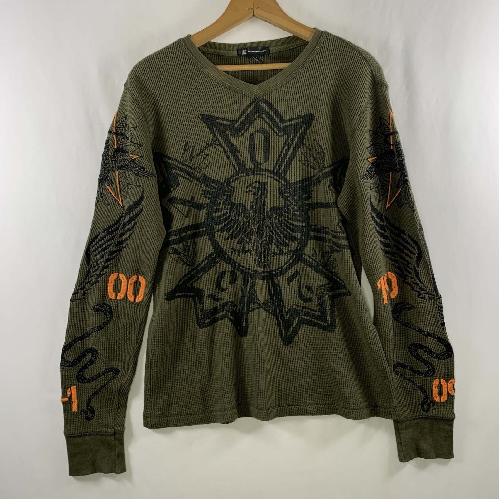 Mens Y2K Graphic Embroidered Thermal Shirt Sz S Olive Biker Grunge Rock gallery