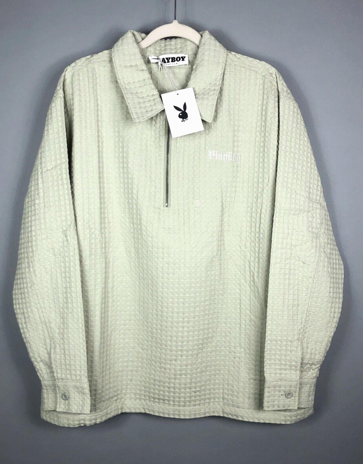 Pacsun Playboy Waffle Knit Relaxed Shirt Jacket L Beige Pockets 1/4 Zip NWT gallery