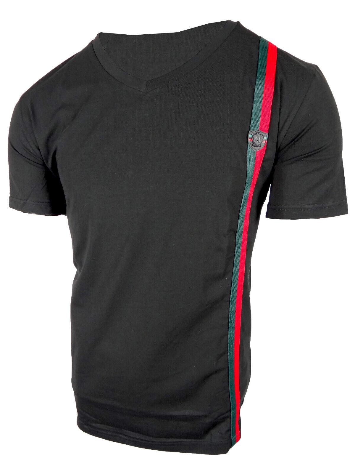 Mens T- Shirt Italian Side Sport Stripe Badge V-Neck Slim Fit Stretch Casual gallery