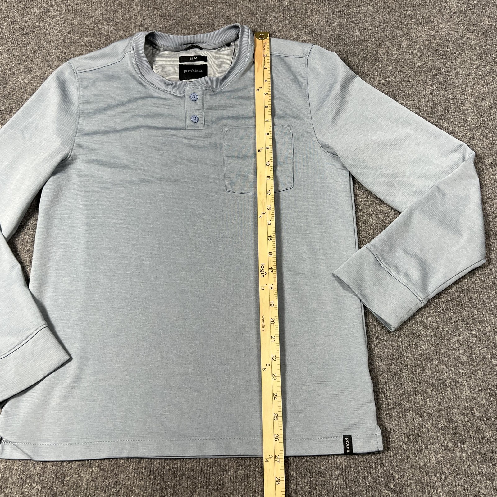 prAna Henley Shirt Mens Medium Light Blue Gray Slim Fit Long Sleeve Pocket Knit gallery