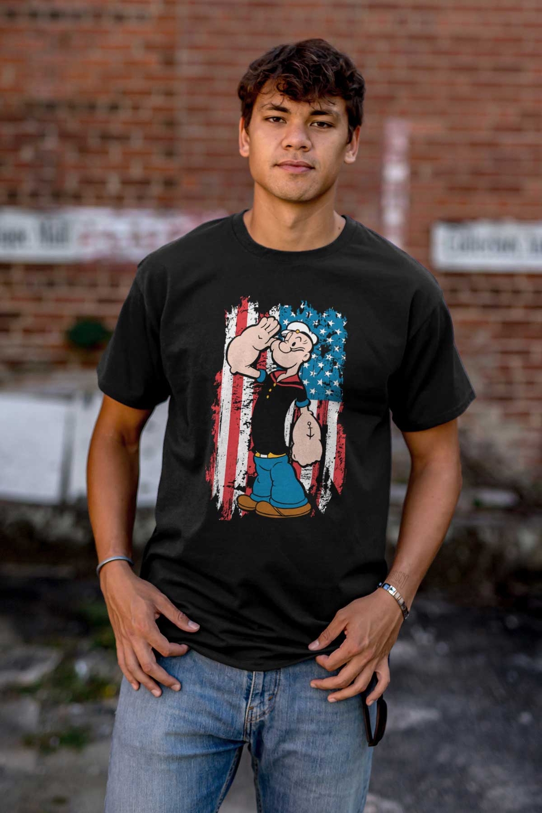Popeye the Sailor Man Salute American Flag Womens or Mens Crewneck T Shirt Tee gallery