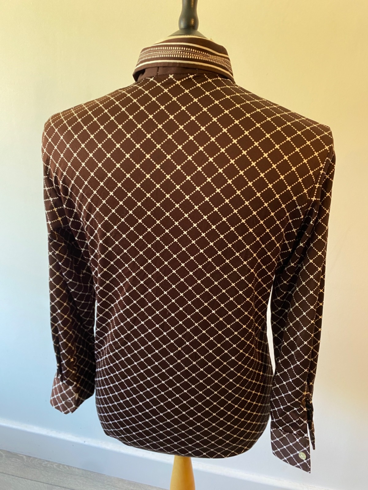 RARE mens 70s Vintage Brown check Dagger Collar Popover long sleeve Shirt 38" gallery