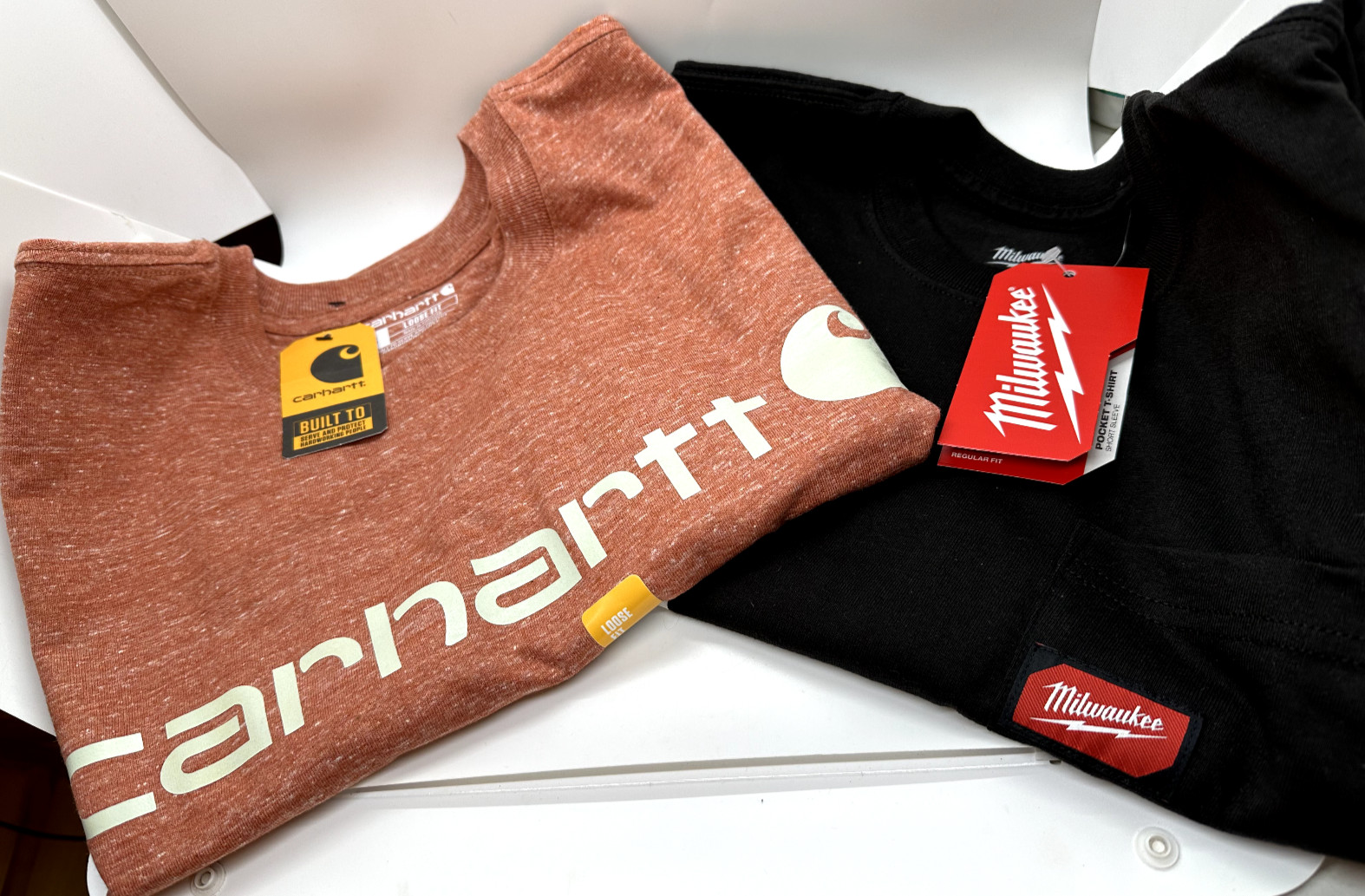 Lot (2) Carhartt & MILWAUKEE Tools Crew Neck T Shirt Heavy Duty S/S POCKET Small gallery