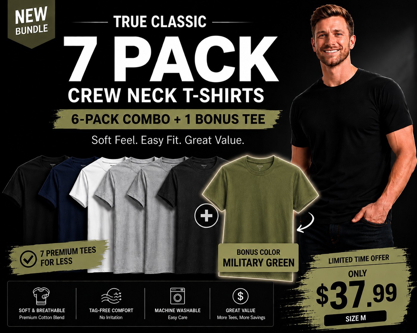 🔥 True Classic 7-Pack Crew Neck T-Shirts | Size M | + Bonus M.Green Tee gallery