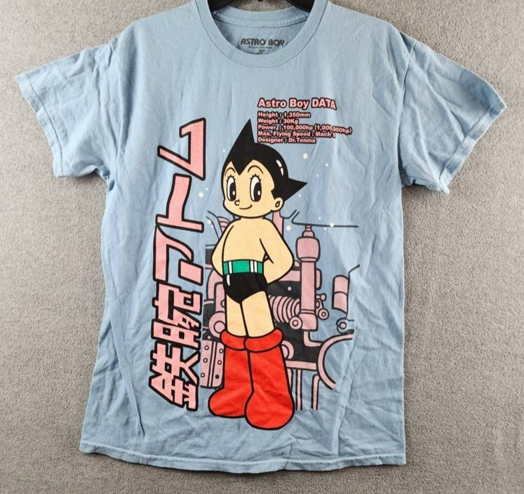 Astro Boy Kanji Graphic Print Tee Men’s S Light Blue Multi Crewneck Short Sleeve