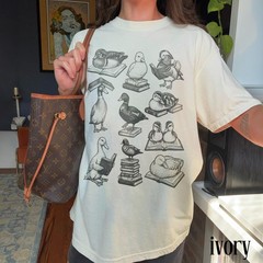 Retro Reading Ducks Graphic Tee Cute Duck Book Lover Shirt Gift