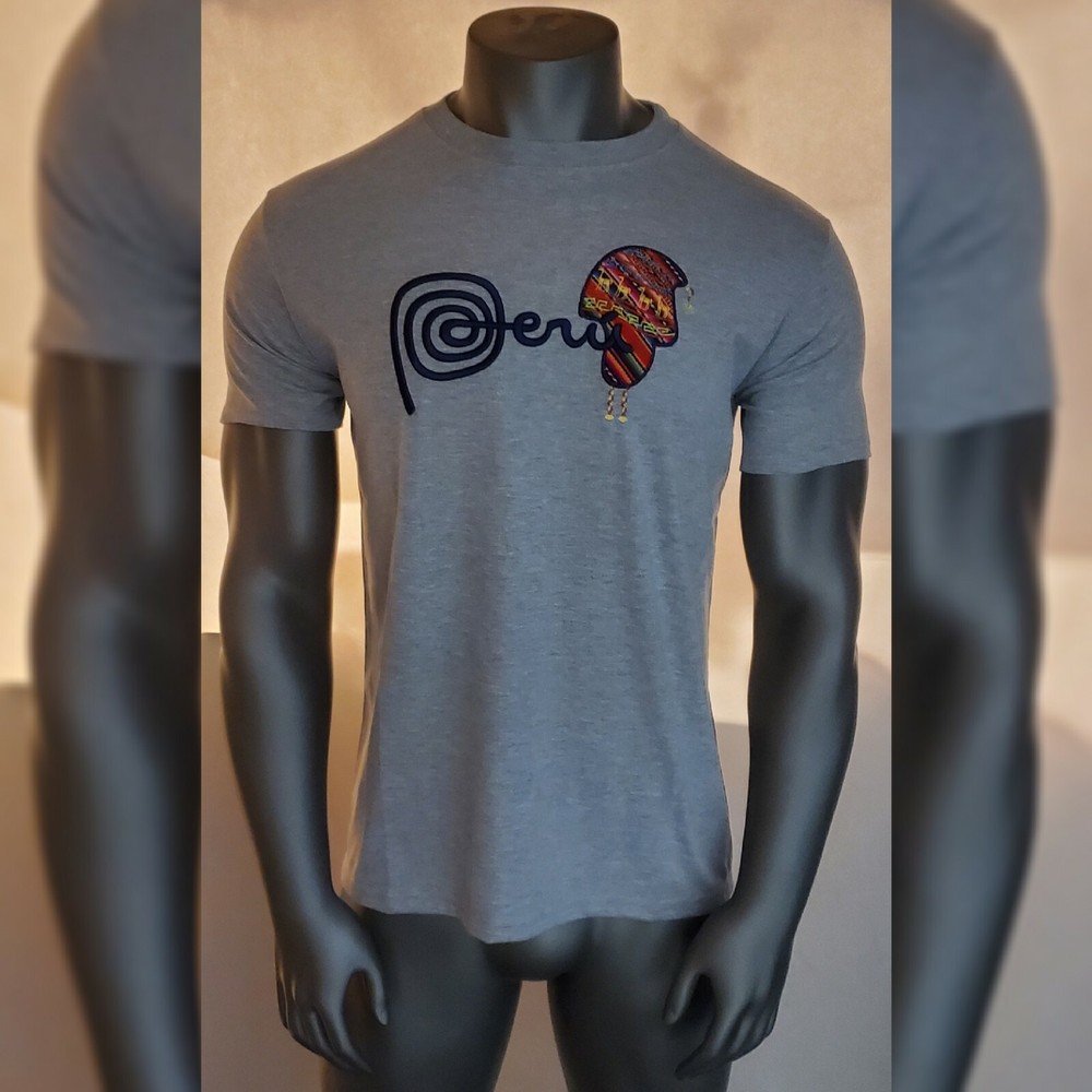 PERUVIAN TSHIRT MEN CREW NECK SHORT SLEEVE EMBROIDERED LOGO DESIGN SIZE L GREY