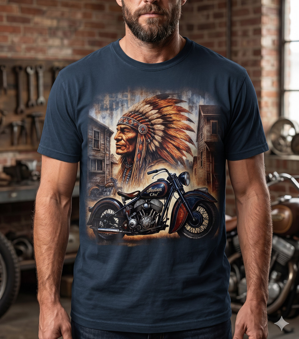 Vintage Indian Motorcycle T-Shirt Native American Chief Dark Blue Biker Tee gallery