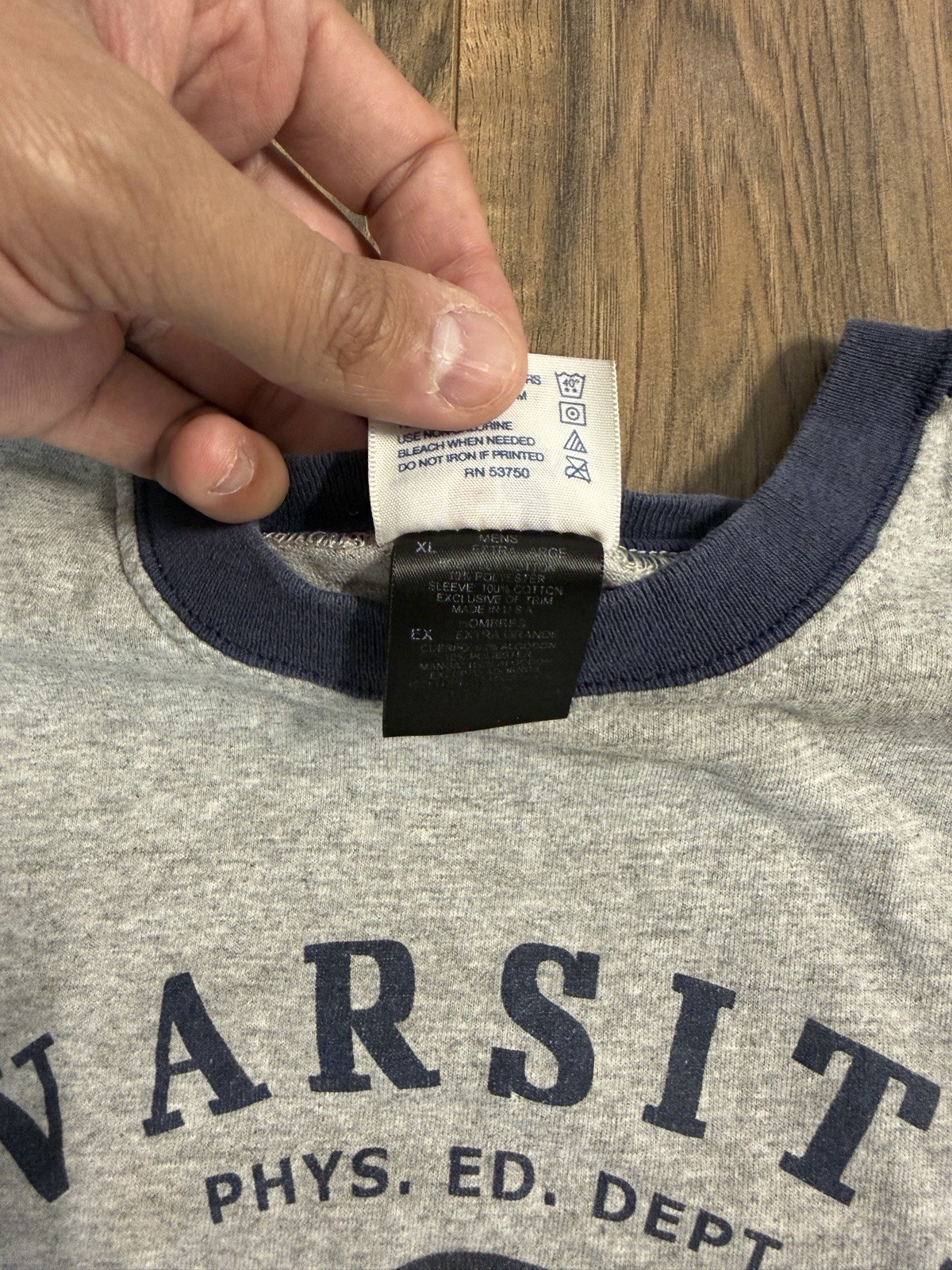Vintage 90s Varsity Baseball PE Gray Navy Blue Raglan Sleeve Shirt Jersey XL gallery