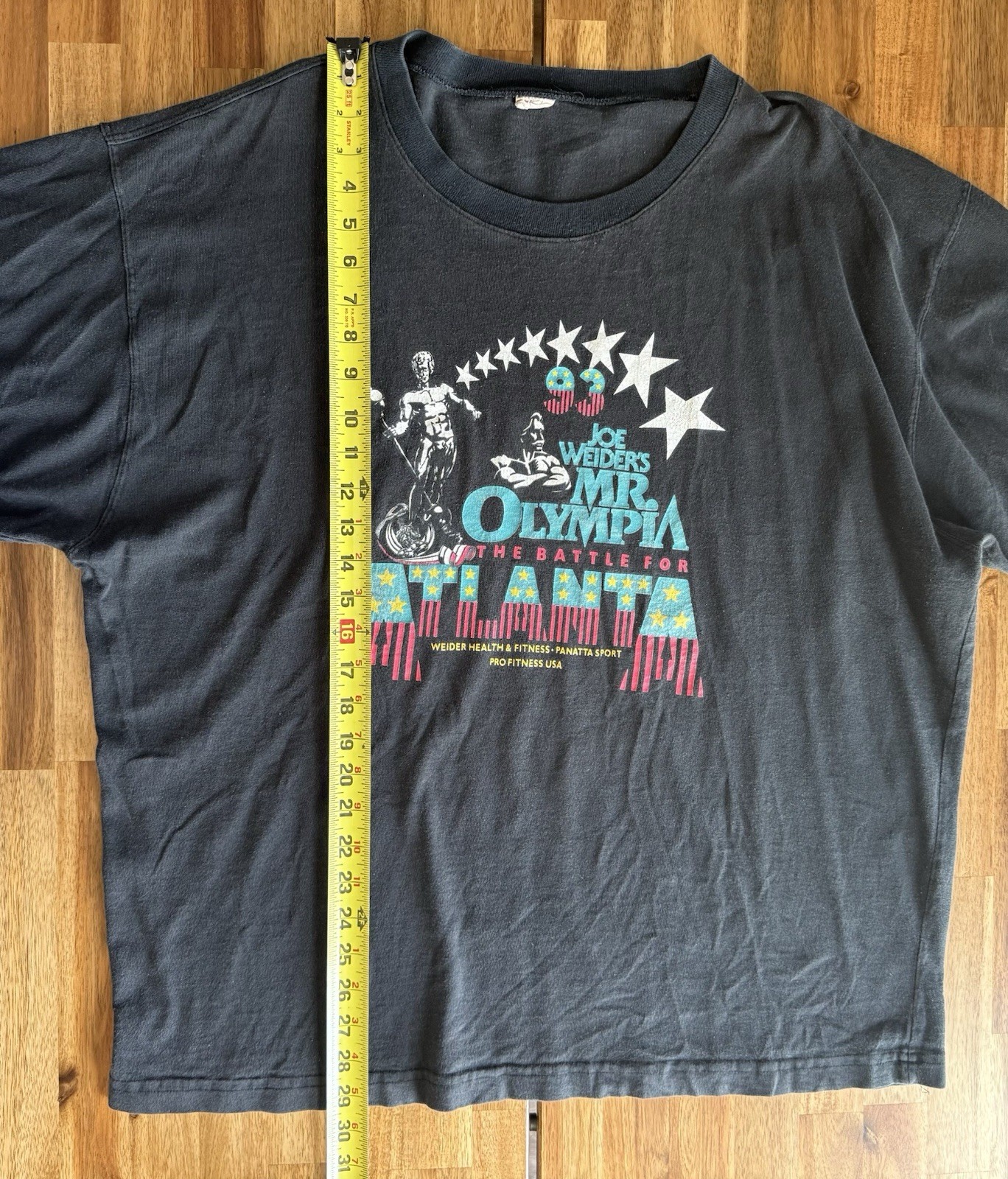 Vintage 93 Joe Weider’s Mr Olympia T-shirt Bodybuilding Faded Black SEE MEASURE gallery