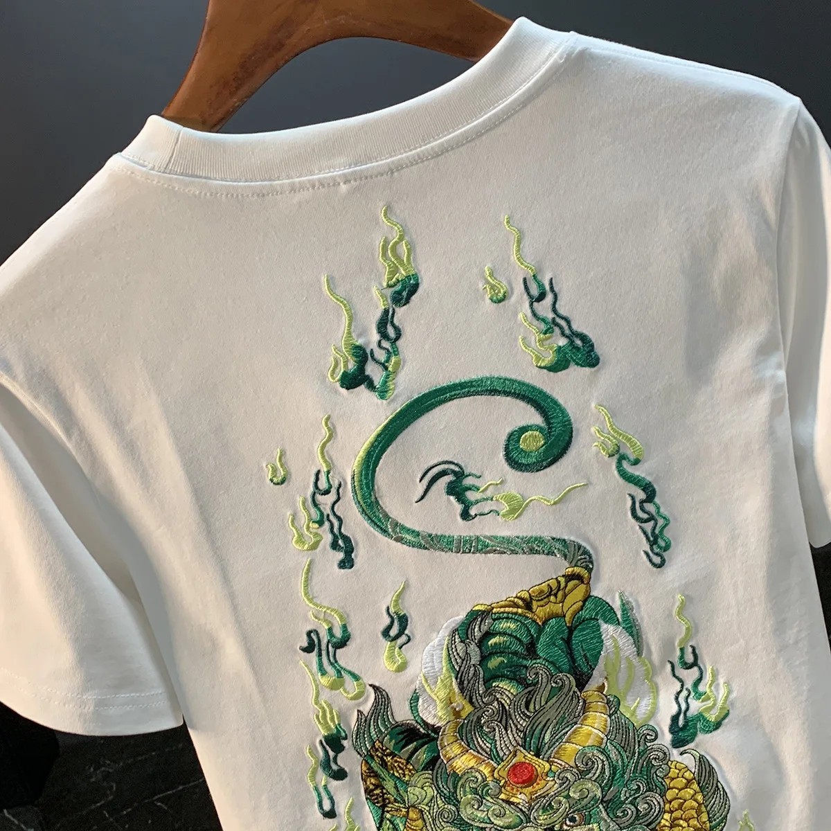 Men Embroidery Dragon Graphic T-Shirt Casual Short Sleeve Crewneck Cotton Tee gallery
