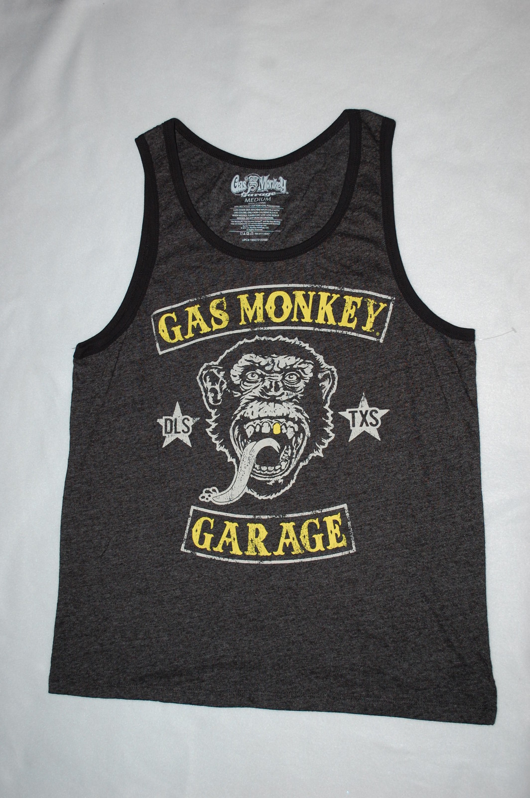 Mens Tank Top DARK GRAY Black Trim GAS MONKEY GARAGE Logo DLS TXS Yellow M 38-40