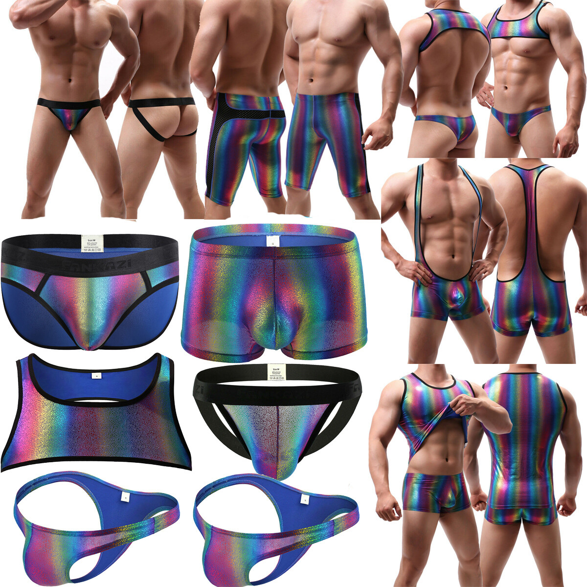 Men’s Rainbow Metallic PVC Leather Wetlook Boxer Briefs Clubwear Vest Underwear