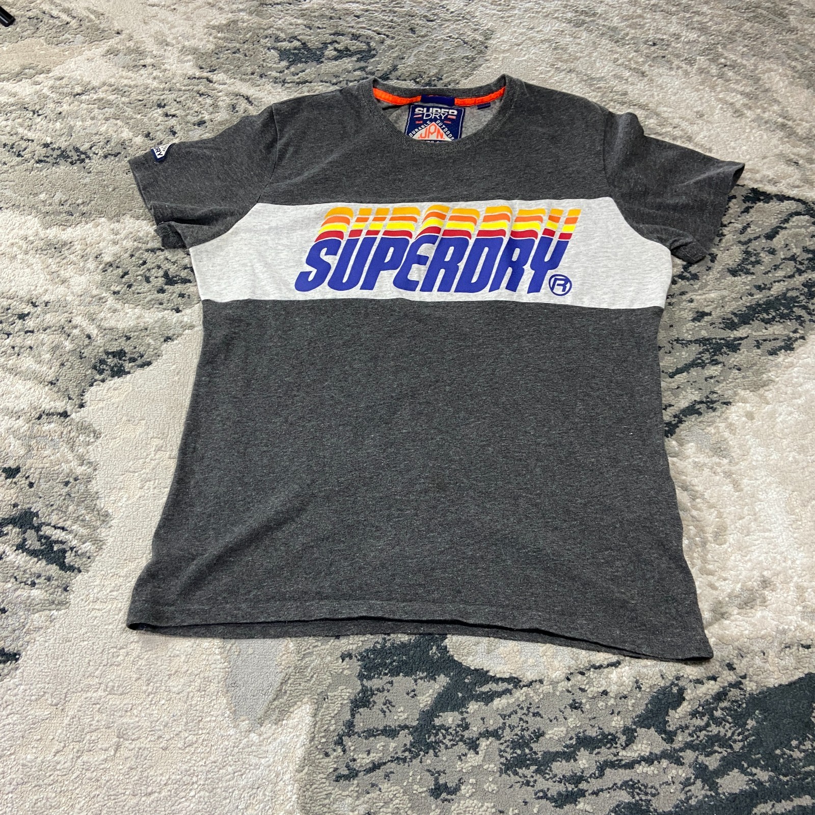 Y2K Superdry Triple Drop Pop Panel T Shirt Sz M Gray Logo Crew Neck Slim Fit