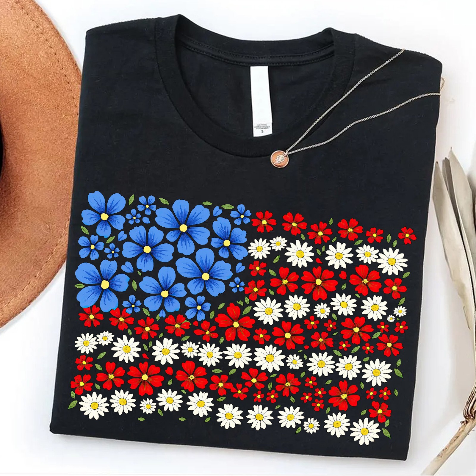 Floral American Flag Shirt 4th of July Patriotic Wildflower USA 250th Unisex Tee gallery