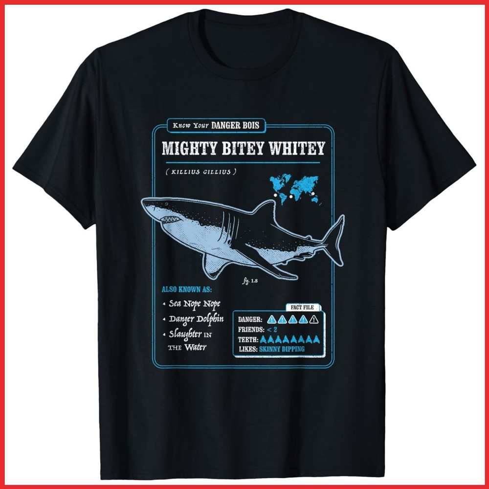 Mighty Bitey Whitey AKA Great White Shark Black Cotton T-Shirt S-5XL