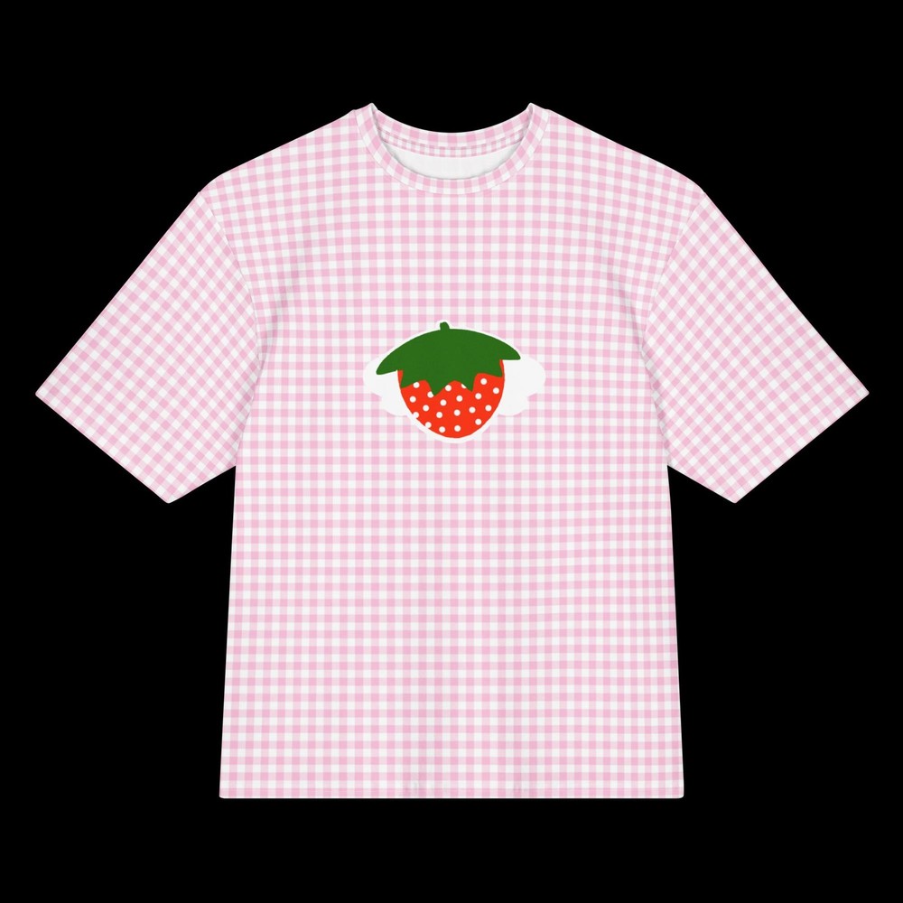 Oversized kawaii strawberry pink gingham cotton t-shirt