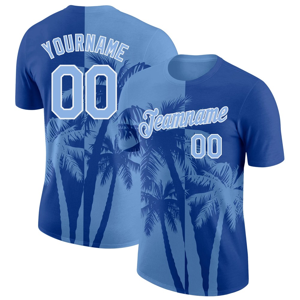 Custom Royal Light Blue White Hawaii Palm Tree T-Shirt Tropical Summer Mens