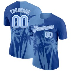 Custom Royal Light Blue White Hawaii Palm Tree T-Shirt Tropical Summer Mens