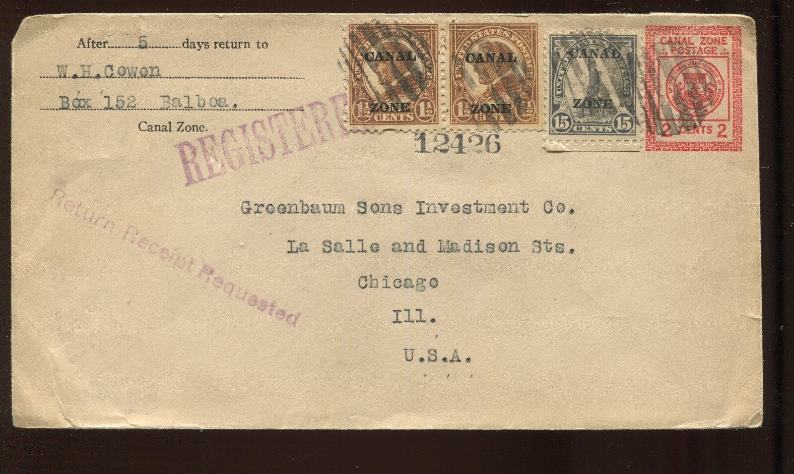 CANAL ZONE U9 UPRATED WITH 78 & 72 ON 20 CENT RATE REGISTERED COVER LV4797