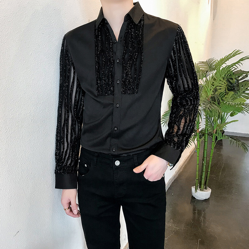 Mens Long Sleeves Hollow Out Lace Shirt Lapel Collar Splice Casual Clubwear Tops gallery