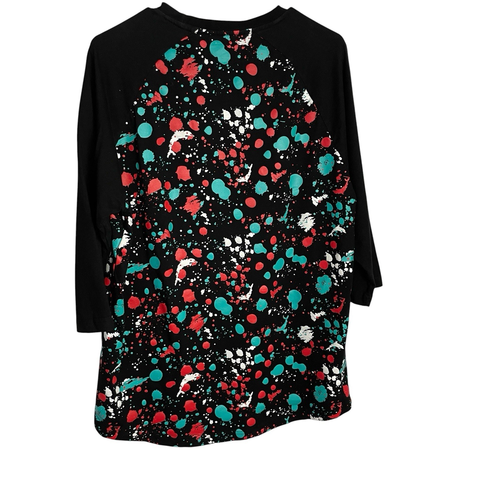 Pink Dolphin Paint Splatter Raglan Tee T-Shirt Size L Black Aqua Crop Sleeve gallery