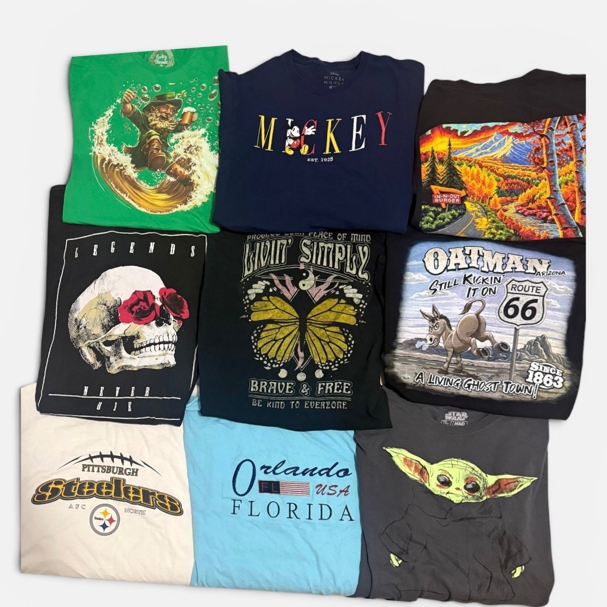 Graphic T-Shirt Lot Mens Large 9pc Disney Star Wars NFL Travel Multi Mixed Brand
