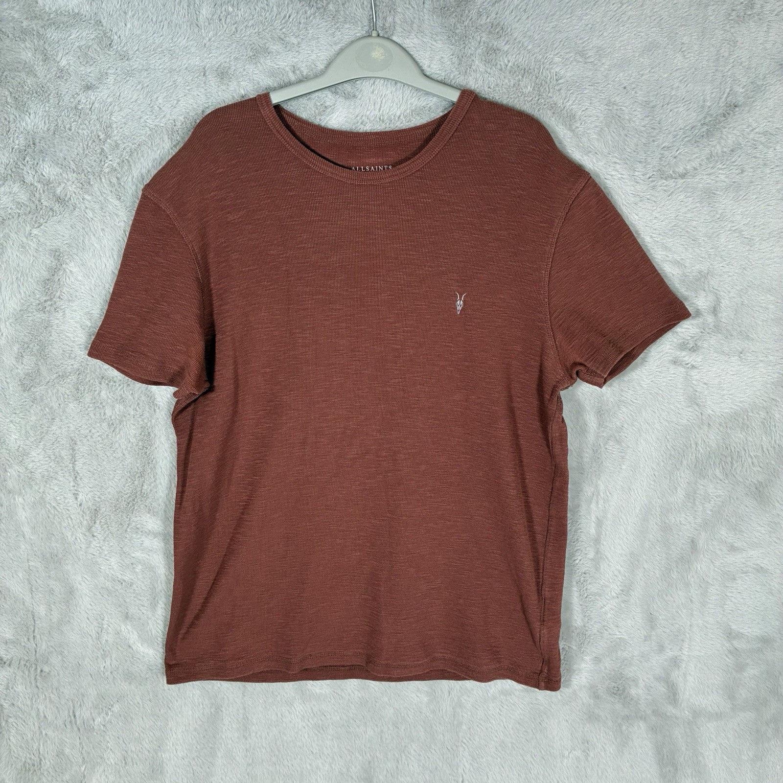 AllSaints ESUM T-Shirt Mens Large Brown Woven Cotton Short Sleeve Crew gallery