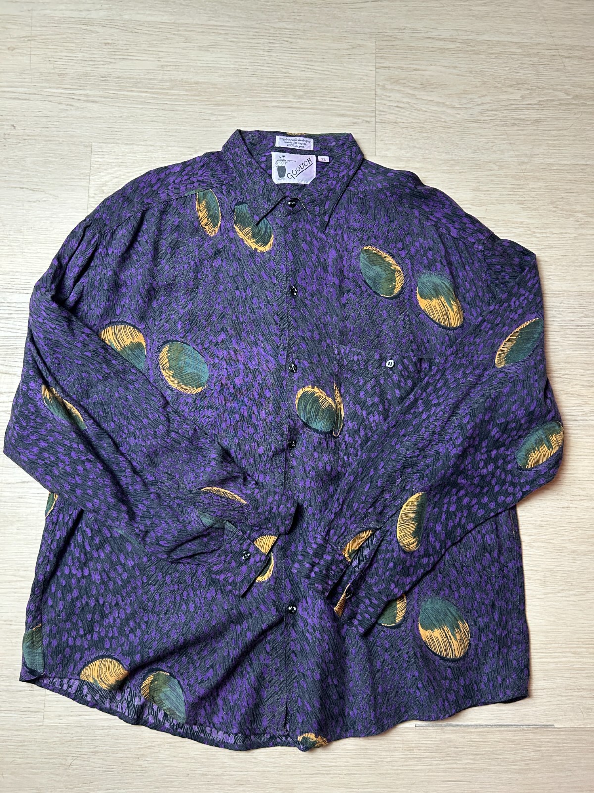Vintage Goouch Rayon Shirt XL Purple Abstract Pattern 80s 90s Art Deco gallery