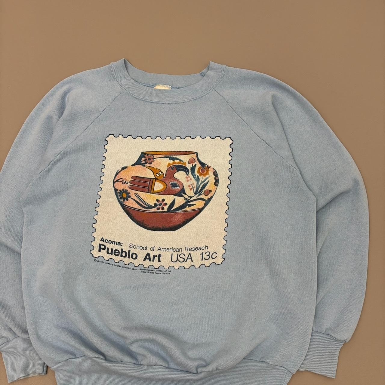 Vintage 90s Pueblo Art School Sweatshirt Blue Raglan Polycotton Painting Size L gallery