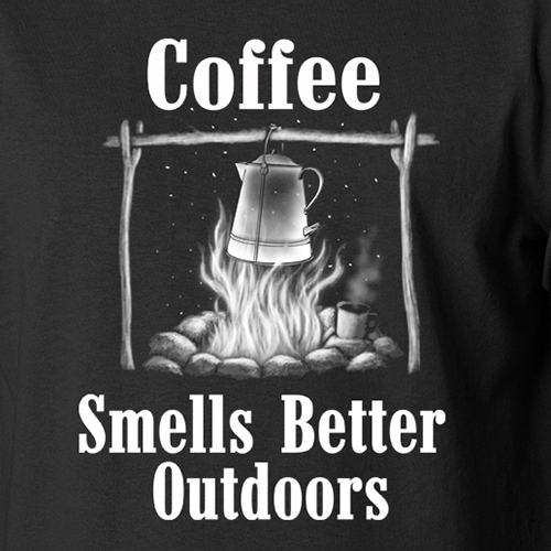 COFFEE SMELLS BETTER OUTDOORS camping hiking camp summer lifestyle T-Shirt gallery