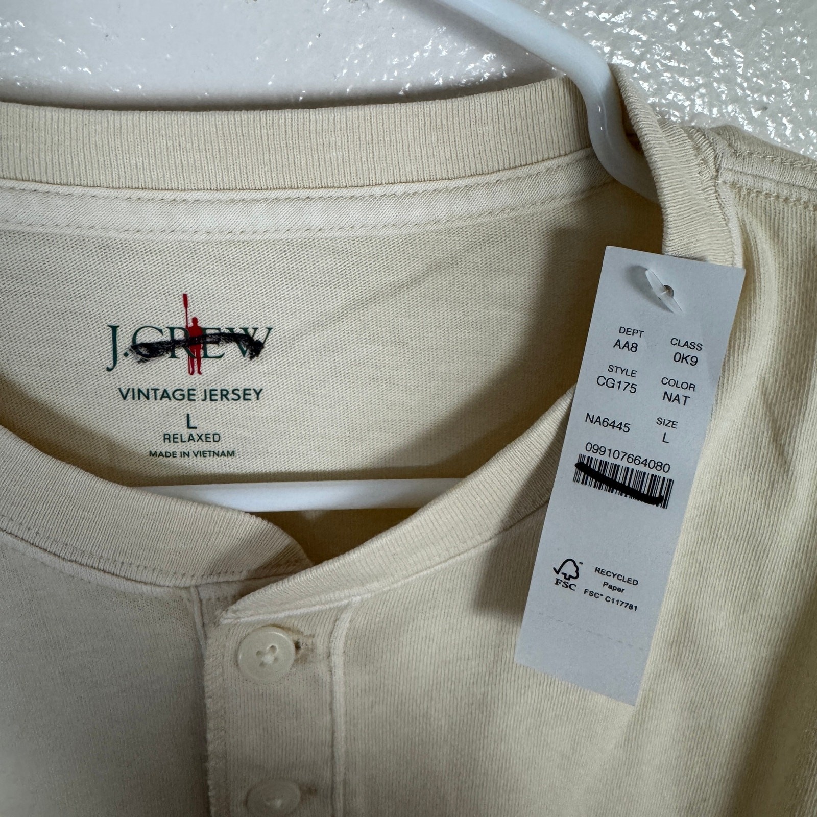 J.Crew Vintage Short-Sleeve Henley Shirt Men L Cream Crewneck CG175 Cotton Blend gallery